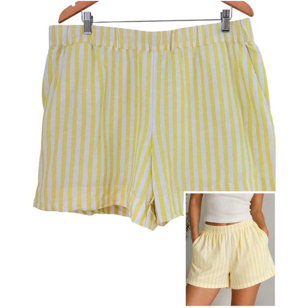 Linen Cotton Elastic Waist Shorts Size XL Yellow White Stripe Lounge Beach